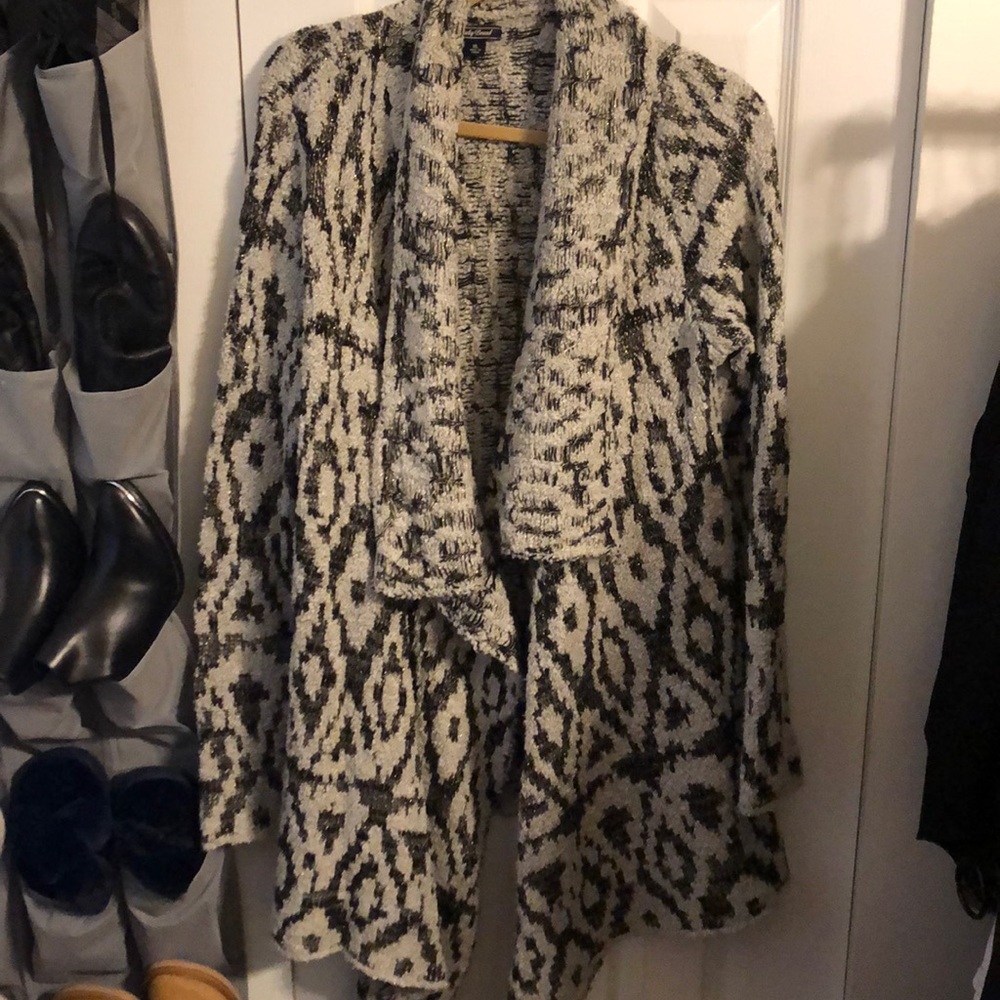 Lucky brand long open front silver metallic and cream sweater size xl